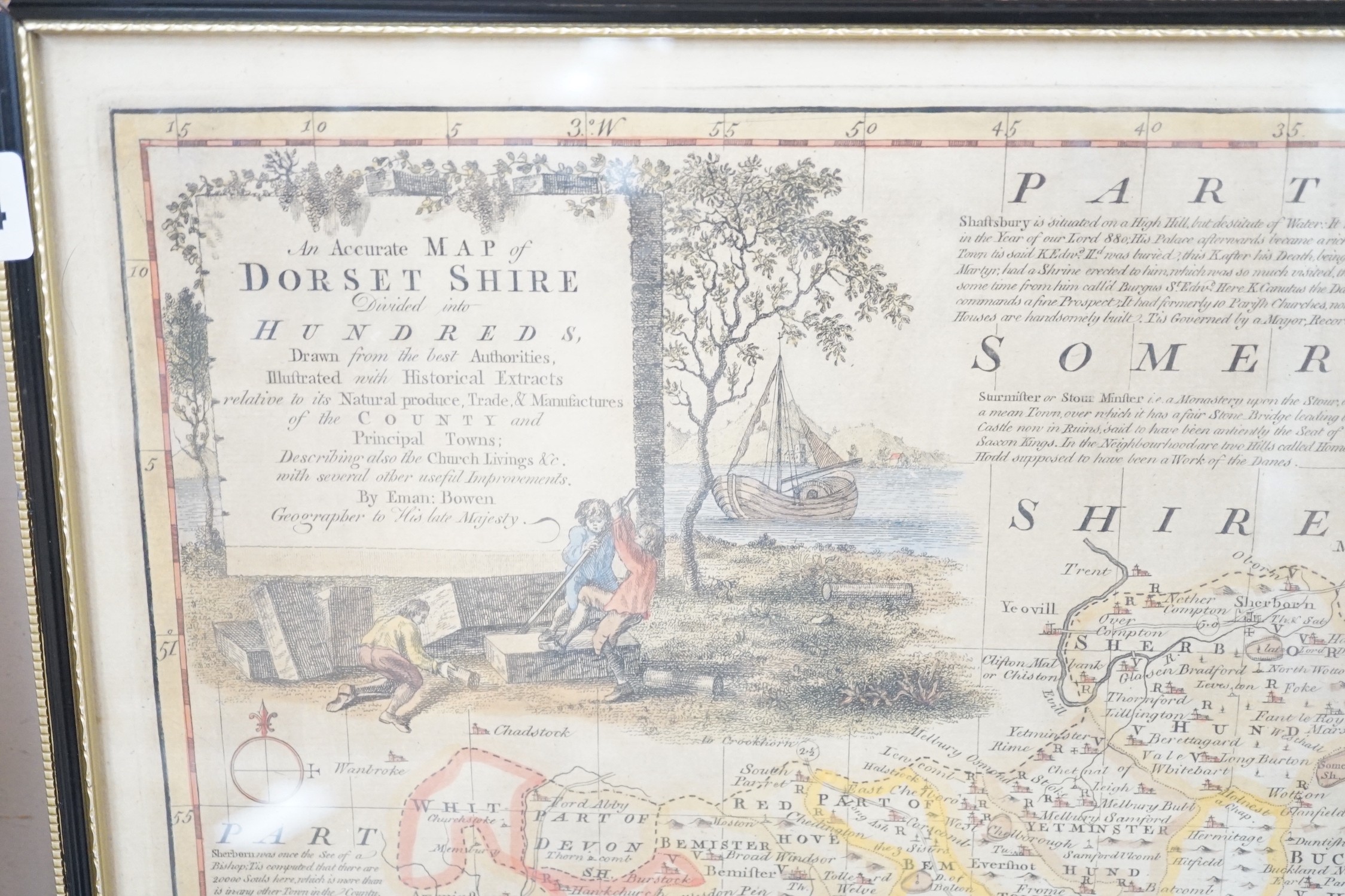 Emmanuel Bowen, coloured engraving, Map, of Dorsetshire 1777, overall 44 x 53cm